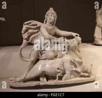 The Roman cult of Mithras. Tauroctony. Mithras killing the bull. Marble. Roman statue. Louvre Museum. Paris. France. Stock Photo