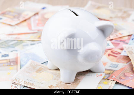 Close up of a white piggy on bank notes Stock Photo