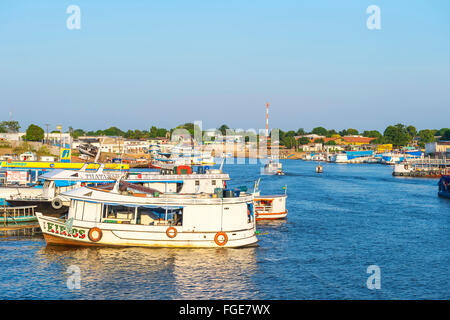 Traditional wood boats in the Parintins harbour, Parintins, Amazona state, Brazil Stock Photo