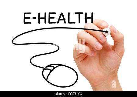 Hand drawing computer mouse under the word E-Health with black marker on transparent wipe board. Stock Photo