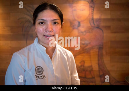 Chef Bo Songvisava, the best woman chef in Asia in her restaurant Bo Lan in Bangkok. Thailand. Chef Bo Songvisava is breaking bo Stock Photo