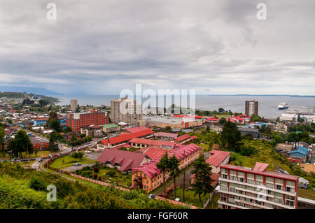 Panoramic view of Puerto Montt, Chile in cloudy weather. Stock Photo