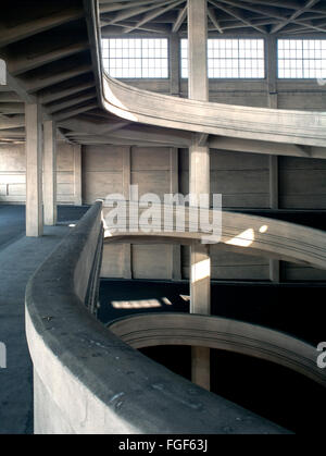 Lingotto building garage ramp in Torino Italy, built in 20s/30s. Details of the spiral style ramp that goes to roof top. Stock Photo