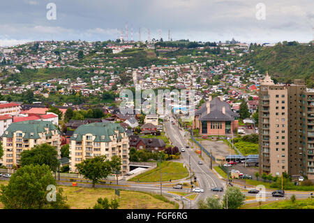 Panoramic view of Puerto Montt, Chile in cloudy weather. Stock Photo