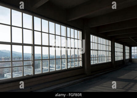 Lingotto building garage ramp in Torino Italy, built in 20s/30s. Details of the spiral style ramp that goes to roof top. Stock Photo