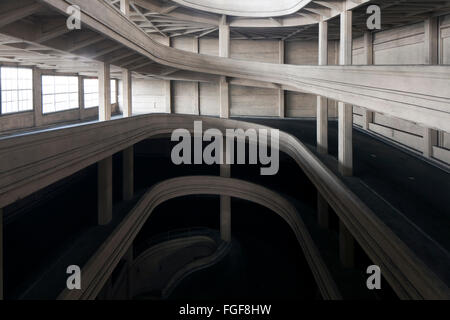 Lingotto building garage ramp in Torino Italy, built in 20s/30s. Details of the spiral style ramp that goes to roof top. Stock Photo