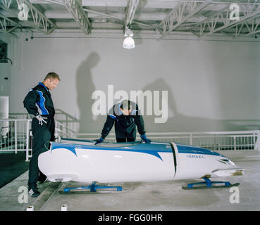 CALGARY, ALBERTA, CANADA – JULY 10: Israeli Bobsled team in Calgary, Alberta, Canada on July 10, 2004. Stock Photo