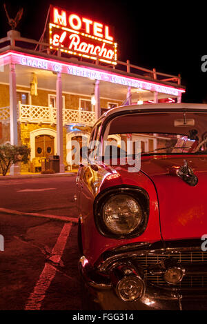 The neon signs for the Motel el Rancho along Route 66 in Gallup, New Mexico, continue to shine bright. Stock Photo