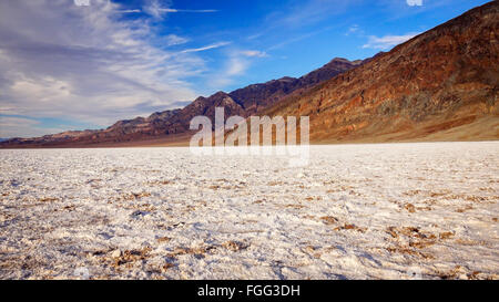 The salt flats in Badwater Basin in Death Valley National Park. Badwater Basin in the lowest point in North America at 282 feet Stock Photo