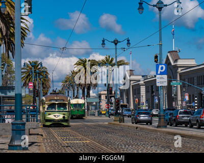 Classic Municipal Railway car, Ferry Building, Embarcadero. San Francisco, California. Stock Photo