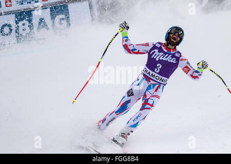 Chamonix, France. 19th February, 2016. Thomas Mermillod Blondin arrives at the finish of the Downhill part of the race to take 3rd place in the Men's Alpine Combined in Chamonix. The Men's Alpine Combined event (downhill and slalom) ended with the downhill section of the race last due to weather conditions (heavy snow) earlier in Chamonix. The race began at 15.15h on a shortened course after a further hour of delay. The podium was - 1- PINTURAULT Alexis (FRA) 2:13.29 2- PARIS Dominik (ITA) 2:13.56 3-MERMILLOD BLONDIN Thomas (FRA) 2:13. Credit:  Genyphyr Novak/Alamy Live News Stock Photo