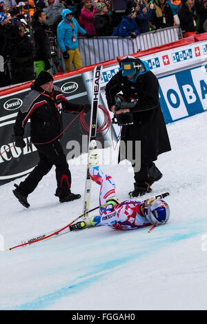 Chamonix, France. 19th February, 2016. Alexis Pinterault is overcome with emotion at the finish of the Downhill part of the race as he took 1st place in the Men's Alpine Combined in Chamonix. The Men's Alpine Combined event (downhill and slalom) ended with the downhill section of the race last due to weather conditions (heavy snow) earlier in Chamonix. The race began at 15.15h on a shortened course after a further hour of delay. The podium was - 1- PINTURAULT Alexis (FRA) 2:13.29 2- PARIS Dominik (ITA) 2:13.56 3-MERMILLOD BLONDIN Thomas (FRA) 2:13. Credit:  Genyphyr Novak/Alamy Live News Stock Photo