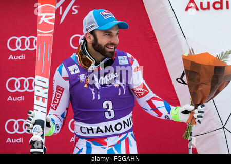 Chamonix, France. 19th February, 2016. 3rd place finisher Thomas Mermillod Blondin on the podium. The Men's Alpine Combined event (downhill and slalom) ended with the downhill section of the race last due to weather conditions (heavy snow) earlier in Chamonix. The race began at 15.15h on a shortened course after a further hour of delay. The podium was - 1- PINTURAULT Alexis (FRA) 2:13.29 2- PARIS Dominik (ITA) 2:13.56 3-MERMILLOD BLONDIN Thomas (FRA) 2:13. Credit:  Genyphyr Novak/Alamy Live News Stock Photo