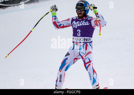 Chamonix, France. 19th February, 2016. Thomas Mermillod Blondin arrives at the finish of the Downhill part of the race to take 3rd place in the Men's Alpine Combined in Chamonix. The Men's Alpine Combined event (downhill and slalom) ended with the downhill section of the race last due to weather conditions (heavy snow) earlier in Chamonix. The race began at 15.15h on a shortened course after a further hour of delay. The podium was - 1- PINTURAULT Alexis (FRA) 2:13.29 2- PARIS Dominik (ITA) 2:13.56 3-MERMILLOD BLONDIN Thomas (FRA) 2:13. Credit:  Genyphyr Novak/Alamy Live News Stock Photo