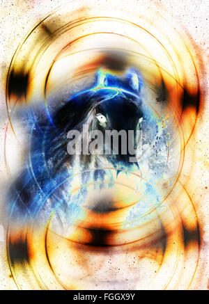 Horse in space, in circle light. Mirror on the planet Earth. Animal concept, Winter effect and blue color Stock Photo