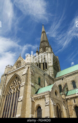 The tall spire of the holy trinity Cathedral in Chichester. A view that dominates the skyline in this West Sussex historic city. Stock Photo