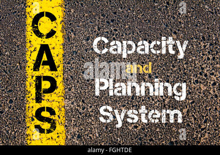 Concept image of Business Acronym CAPS Capacity And Planning System written over road marking yellow paint line Stock Photo