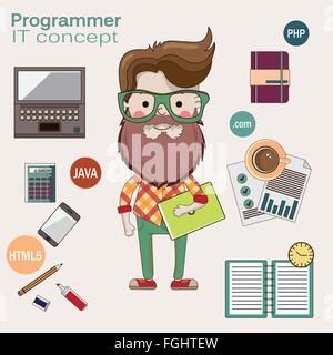 Programmer with a laptop and beard in glasses Stock Vector