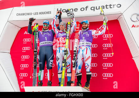 Chamonix, France. 19th February, 2016. The podium in the The Men's Alpine Combined event (downhill and slalom). The race ended with the downhill section of the race last due to weather conditions (heavy snow) earlier in Chamonix. The race began at 15.15h on a shortened course after a further hour of delay. French team skier Alex PINTERAULT won the event. The podium was - 1- PINTURAULT Alexis (FRA) 2:13.29 (centre) 2- PARIS Dominik (ITA) 2:13.56 (L) 3-MERMILLOD BLONDIN Thomas (FRA) 2:13.86 (R) Credit:  Genyphyr Novak/Alamy Live News Stock Photo