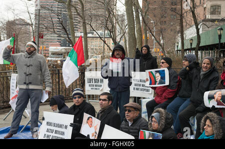 New York, United States. 19th Feb, 2016. Members of MQM in the US rally near the United Nations, demanding an end to the media ban on Altaf Hussain. Supporters of exiled Chairman of Pakistan's Muttahida Qaumi Movement (MQM) Altaf Hussain rally opposite United Nations Headquarters in New York City, on the first day of a four-day hunger strike by his followers worldwide protesting the ongoing media ban on Hussain. Credit:  Albin Lohr-Jones/Pacific Press/Alamy Live News Stock Photo