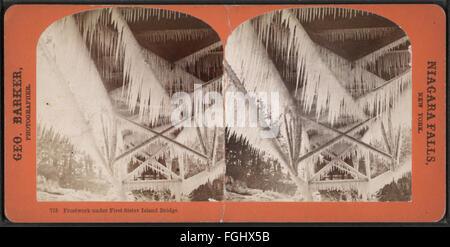 Frostwork under First Sister Island bridge, by Barker, George, 1844-1894 Stock Photo