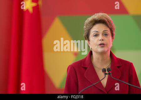 Brazil President Dilma Rousseff during a press statement with Chinese Prime Minister Li Keqiang at the Presidential Palace May 19, 2015 in Brasilia, Brazil. Stock Photo