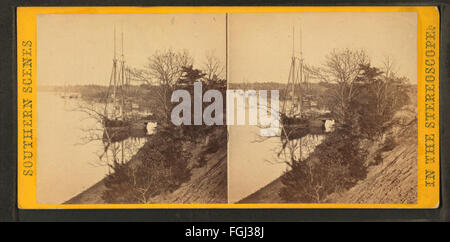 A stereoscopic photograph from the Robert N. Dennis collection showing a view of Jones Landing, located on the south side of the James River, with a focus on the river and landscape. Stock Photo