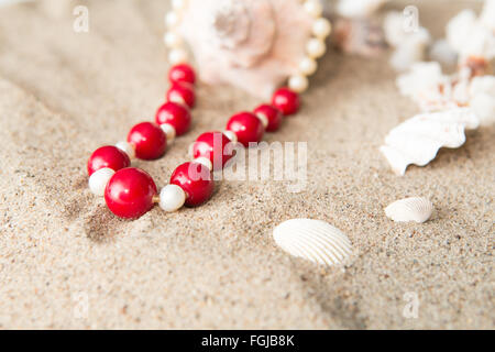 seashells and red necklace on sand at the beach Stock Photo