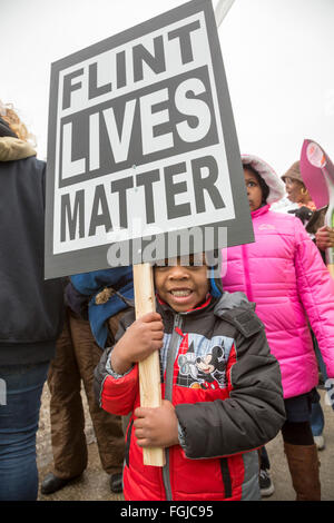 Flint, Michigan USA - 19th February 2016 - Residents marched to the Flint water treatment plant to demand the rebuilding of the city's water infrastructure. Credit:  Jim West/Alamy Live News Stock Photo