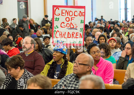 Flint, Michigan USA - 19th February 2016 - Residents rallied at the Metropolitan Baptist Church before marching to the Flint water treatment plant to demand the rebuilding of the city's water infrastructure. Credit:  Jim West/Alamy Live News Stock Photo