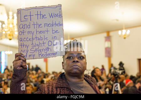 Flint, Michigan USA - 19th February 2016 - Residents rallied at the Metropolitan Baptist Church before marching to the Flint water treatment plant to demand the rebuilding of the city's water infrastructure. Credit:  Jim West/Alamy Live News Stock Photo