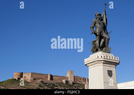 Statue of Hernén Cortés and Medellin Castle, Spain Stock Photo