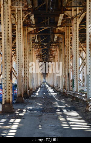 An alley underneath the elevated tracks of the L Train off of Montrose Avenue in Chicago's Uptown neighborhood. Stock Photo