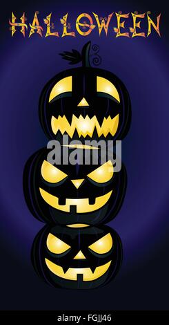 Three Halloween pumpkins and Halloween word on dark background Stock Vector