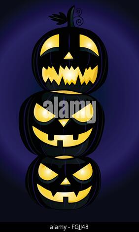 Three Halloween pumpkins on blue and black background Stock Vector