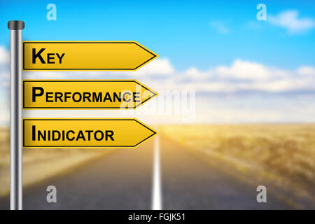 KPI or Key Performance Indicator words on yellow road sign with blurred background Stock Photo