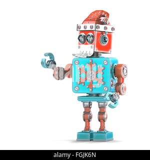 Robot Santa pointing at invisible object. Isolated over white. Contains clipping path Stock Photo