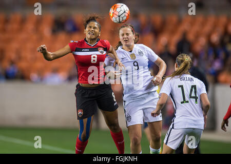 Houston, Texas, USA. 19th February, 2016. February 19, 2016: Trinidad & Tobago midfielder Victoria Swift (8) and United States midfielder Lindsey Horan (9) battle for a header during a semi-final CONCACAF Olympic Qualifying soccer match between the USA and Trinidad & Tobago at BBVA Compass Stadium in Houston, TX. USA won 5-0 and earned a spot in the Summer Olympics.Trask Smith/CSM Credit:  Cal Sport Media/Alamy Live News Stock Photo