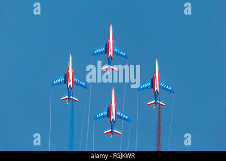 Patrouille de France, the national formation display team of the French Air Force (Armee de l’Air) in their Alpha Jet aircraft Stock Photo