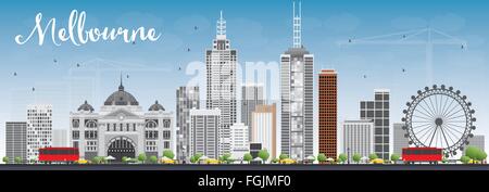 Melbourne Skyline with Gray Buildings and Blue Sky. Vector Illustration. Business Travel and Tourism Concept Stock Vector