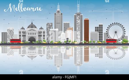 Melbourne Skyline with Gray Buildings, Blue Sky and Reflections. Vector Illustration. Business Travel and Tourism Concept Stock Vector