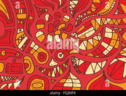 Red hand drawn pattern with lines and dots. Vector illustration. Stock Vector