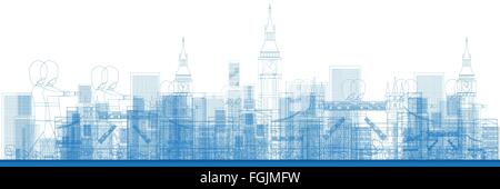 Outline London skyline with blue buildings and soldiers. Vector illustration. Business and tourism concept with skyscrapers. Stock Vector