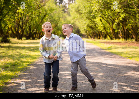 Two brothers together outdoors in a lifestyle portrait with natural light. Stock Photo