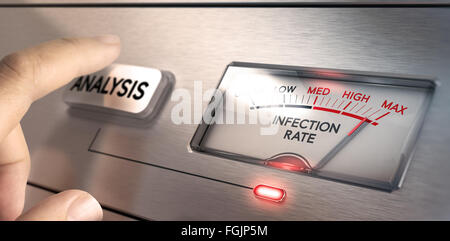 Finger about to press an analysis button with a dial where it is written the text infection rate. Concept image for illustration Stock Photo