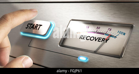 Finger about to press a start button with a dial where it is written the word recovery. Concept image for illustration of crisis Stock Photo