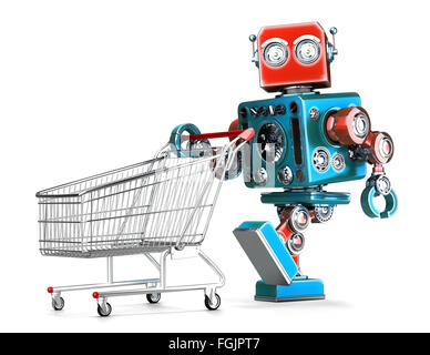 Retro robot with shopping cart. Isolated over white. Contains clipping path Stock Photo