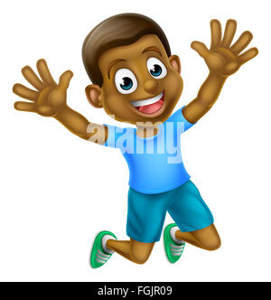 A happy cartoon young black boy jumping for joy. Stock Photo