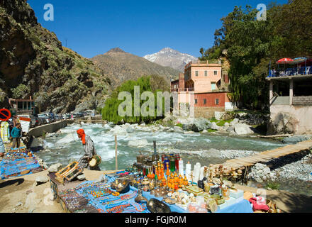 Snow on the mountains at the village of Setti Fatma, springtime in the Ourika Valley, Morocco near Marrakech