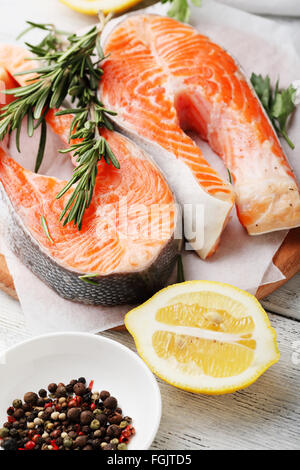 raw two salmon steak, cooking food Stock Photo